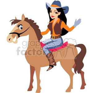 A Cowgirl Waiving Sitting on her Brown Horse  clipart. Commercial use image # 369225