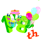 The clipart image shows a whimsical, animated representation of the number 18 with faces, arms, and legs, celebrating an 18th birthday. The number 1 holds a gift while the number 8 holds a cake with a candle on top. There are also colorful balloons tied together, floating to the right side of the numbers. The th attached to the 18 indicates it's a representation of a birthday age, specifically the 18th birthday.