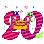 The clipart image features two animated, anthropomorphic number characters, 2 and 0, with smiling faces and eyes. Between them rests a birthday cake with candles. There are colorful stars and sparkles scattered around the numbers, suggesting a celebratory mood.