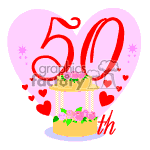 The clipart image features a large pink heart in the background with a bold 50th written in the center. In front of the number, there is a two-tier birthday cake with green decoration and pink flowers on a cake stand. Surrounding the number 50 are small red hearts and pink starburst-like sparkles.