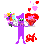 This clipart image features a number 1 with anthropomorphic characteristics, such as a smiling face and arms. It's holding a bouquet of colorful flowers in one hand and a heart-shaped box of chocolates tied with a bow in the other. Around the character, there are small hearts floating upwards, and to its lower right, there are the abbreviated letters st, suggesting this could be a representation of a '1st' birthday or anniversary. However, these elements are not necessarily specific to birthdays only and could be related to other celebrations or expressions of love and affection.