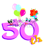 The clipart image features the numbers 50 with animated, happy faces. The number 5 is holding a bouquet of flowers, while the number 0 is holding a group of balloons. The th symbol is positioned next to the 50, indicating a 50th celebration or anniversary. The style is colorful and cartoony, typical for celebratory decorations.