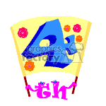 The clipart image depicts a festive birthday banner with the number 4th prominently displayed, indicating a celebration of a fourth birthday. The banner is adorned with stars and flowers for decoration, and is being swayed left to right