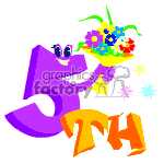 The clipart image features a number 5 in purple with eyes and a smile, holding a bunch of colorful flowers. Surrounding the number are small colorful stars, and below it is the word TH in an orange to yellow gradient, indicating part of a birthday celebration for a fifth birthday.
