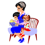 The image depicts an adult female reading a book to two children, a boy and a girl, who are sitting close to her, one on each side. They are all seated together on a traditional wooden bench.
