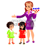 The clipart image depicts a cartoon of a woman, possibly a teacher, holding what appears to be a book or cards with various colors, addressing two young children. One child is wearing a green outfit, and the other is in a red polka-dotted dress with matching bows in her hair.