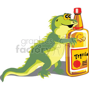 funny green cartoon iguana with tequila clipart.