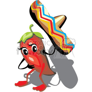 clipart - red habanero chile pepper with a sombrero.