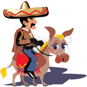 clipart - mexican cowboy riding a donkey.