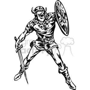 The clipart image features a Viking warrior in a dynamic pose. The character is depicted with a horned helmet, brandishing a large round shield in one hand and wielding a sword in the other hand. The warrior is shown in mid-action, suggesting a moment of combat or readiness for battle.