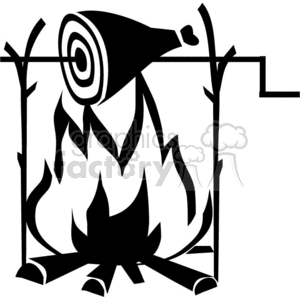 clipart - campfire with a piece of ham cooking.