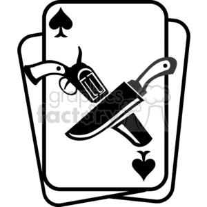 clipart - A Black and White Spade Card with a Picture of a Gun and a Knife on it.