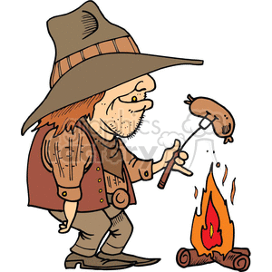 cowboy cooking a hot dog of a campfire