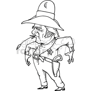 clipart - Black and white cowboy sheriff with wheat in mouth.
