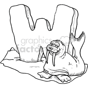 Royalty Free Black And White Letter W With A Walrus Clipart Images