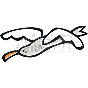 This image depicts a seagull in cartoon form. It has an orange beak, and its wings are spread out as if it is flying