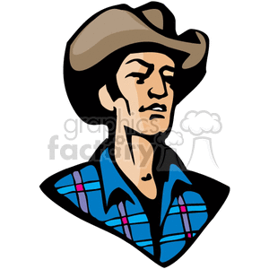 A Rugged Cowboy Wearing a Blue Plaid Shirt and a Brown Leather Hat clipart. Royalty-free image # 374137