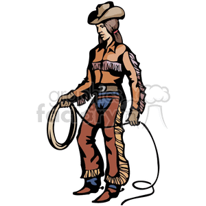 A Cowgirl with Leather Chaps and Hat Holding her Rope clipart.