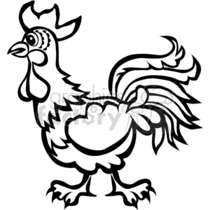 Black and white rooster with long tail feathers clipart.