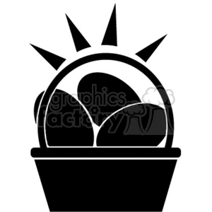clipart - Black and White Handled Basket Filled with Eggs.