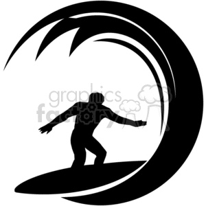 The clipart image shows a black and white vector graphic of a surfer riding a wave in a ocean setting. The image is designed to be used on tee shirts for fun vacation-related designs, logos, or symbols associated with surfing, sports, and water activities.

