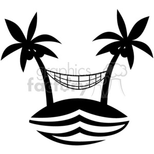 clipart - Hammock tied to palm trees.