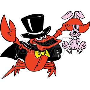 a magician crab in a cape and top hat with a pink rabbit