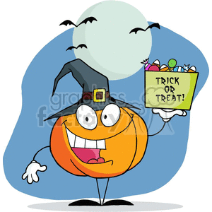 Cartoon pumpkin trick or treating in a witch hat clipart. Commercial use image # 377735