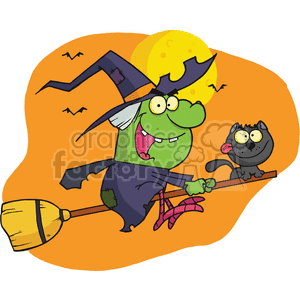 Halloween Witch riding a broomstick with a cat 