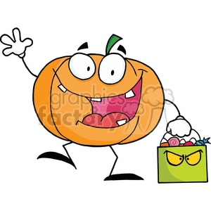 Cartoon Pumkin with bag of treats clipart.