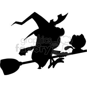 Cartoon Silhouette Witch and Cat Ride Broomstick