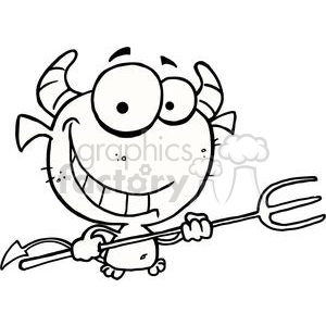 clipart - Happy little devil with pitchfork black and white.