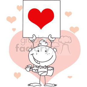 Cartoon Stick Cupid With Heart Banner And Light Pink Hearts In