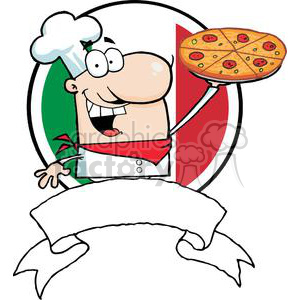 Proud Chef Holds Up Pizza In Front Of Flag Of Italy clipart. Commercial use image # 379092