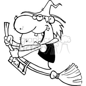 Happy Witch In Black and White Rides Broom