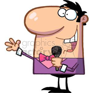 A Male Talk Show Host In Purple and Pink Suite Talking Into A Microphone clipart. Commercial use image # 379222