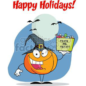 Happy Holidays Greeting With Pumpkin holds bucket of candy copy2 clipart. Royalty-free image # 379582