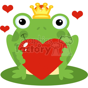 The clipart image shows a cartoon frog prince character holding a red heart, which represents love or affection. The frog prince is depicted as happy, and his gesture suggests that he is offering the heart to someone or expressing his own emotions.
