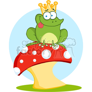 Cartoon-Frog-Prince-On-A-Toadstool-Or-Mushroom-with-blue-background clipart. Commercial use image # 381808