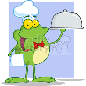 Cartoon-Frog-Mascot-Character-Chef-Serving-Food-In-A-Sliver-Platter-purple-background clipart. Royalty-free image # 381878