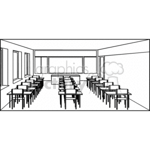 clipart - Black and white outline of a classroom with desks.