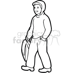 Black and white outline of a boy walking to school 