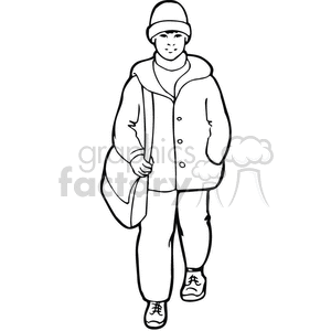 Black and white outline of a student walking to school  clipart. Royalty-free image # 382657