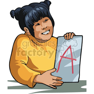 clipart - Cartoon student with an A on her assignment.