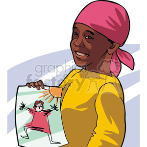 Cartoon African American boy showing a drawing  clipart.