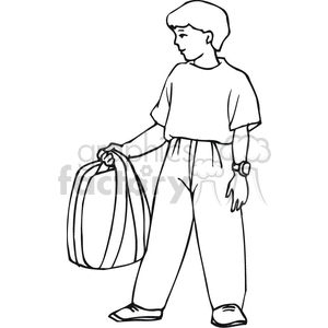 clipart - Black and white outline of a boy holding his backpack.