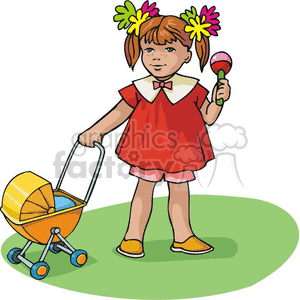 Cartoon little girl with a baby stroller  clipart.
