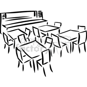 Black and white outline of a room with tables and chairs 