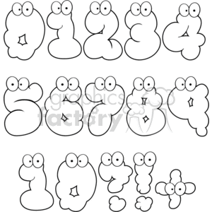 cartoon funny characters vector numbers black+white coloring+page