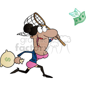 cartoon clipart funny comic character drawings vector lady women money chase catch net profits marketing business cash bag currency